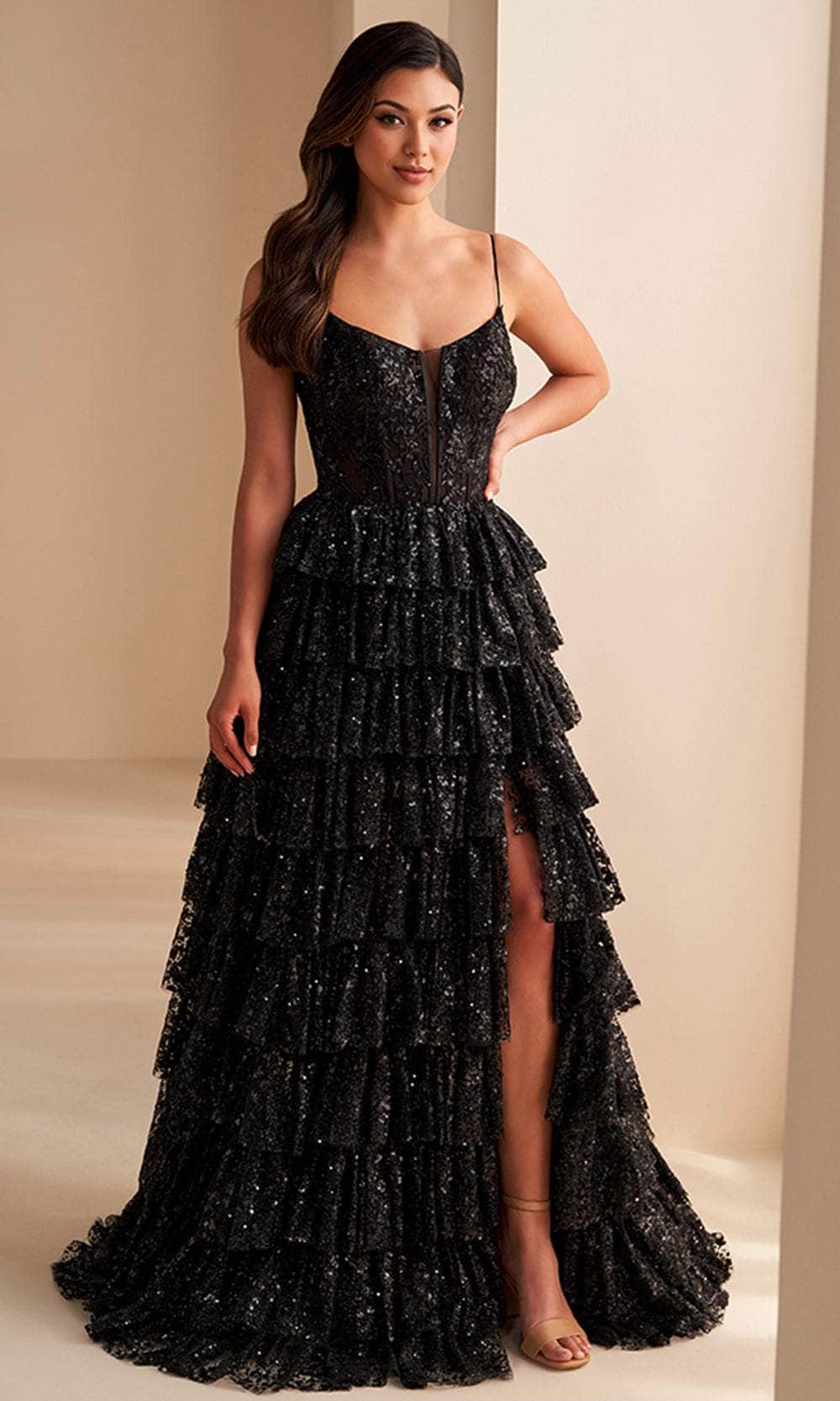 Ellie Wilde EW36216 - Long Cracked Ice, Tulle, Applique, Sequin & Lining A-Line Dress