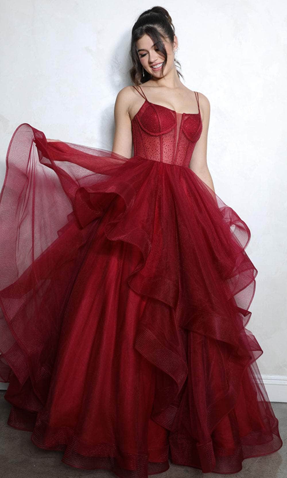 Long Handkerchief Prom Dress with Sheer Beaded Corset Burgundy / Large Long Handkerchief Prom Dress with Sheer Beaded Corset Burgundy / Large