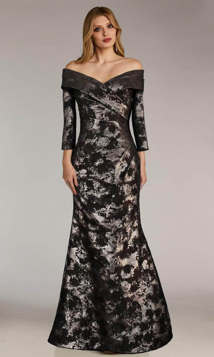 Gia Franco 12270 - Quarter Sleeve Jacquard Evening Dress Prom Dresses 2 / Black