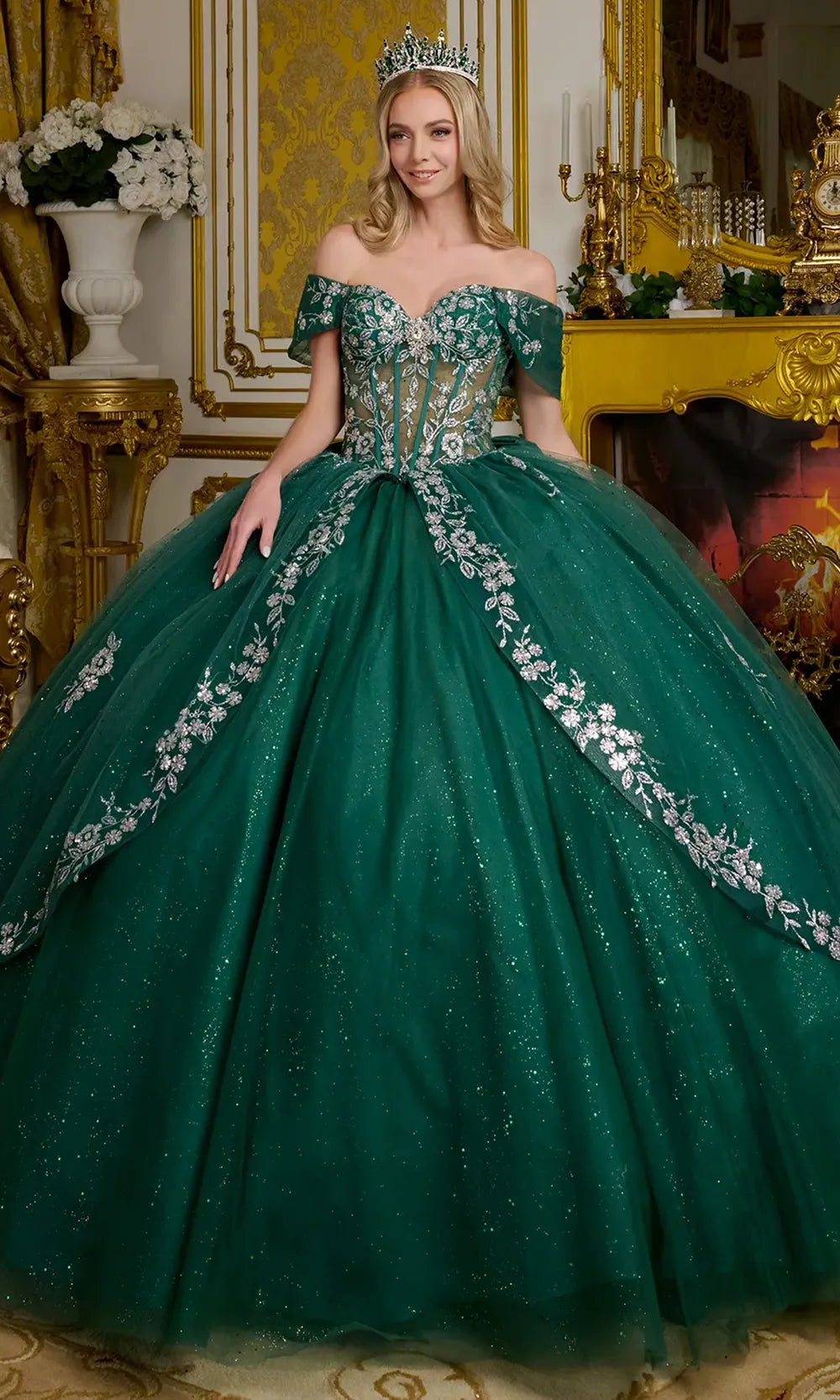 Elizabeth K GL3636 - Long Tulle Ballgown Dress - Illusion Corset Bodice, Detachable Off Shoulder Sleeves, Floral Glitter, Sequins, Jewel, Oversized Back Bow, Chapel Train Couture Candy Elizabeth K GL3636 - Long Tulle Ballgown Dress - Illusion Corset Bodice, Detachable Off Shoulder Sleeves, Floral Glitter, Sequins, Jewel, Oversized Back Bow, Chapel Train Couture Candy
