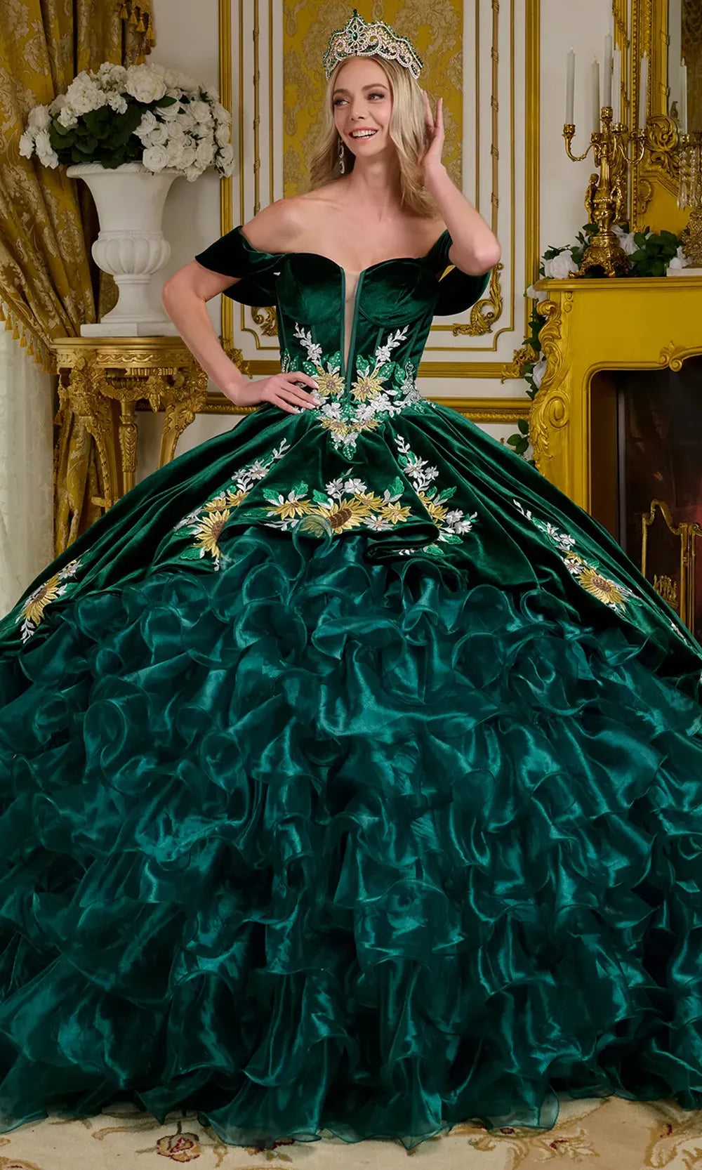 Elizabeth K GL3637 - Long Organza, Velvet Ballgown Dress - Corset Boning Bodice, Detachable Off Shoulder Sleeves, Floral Embroidery, Sparkling Jewel, Elizabeth K GL3637 - Long Organza, Velvet Ballgown Dress - Corset Boning Bodice, Detachable Off Shoulder Sleeves, Floral Embroidery, Sparkling Jewel,