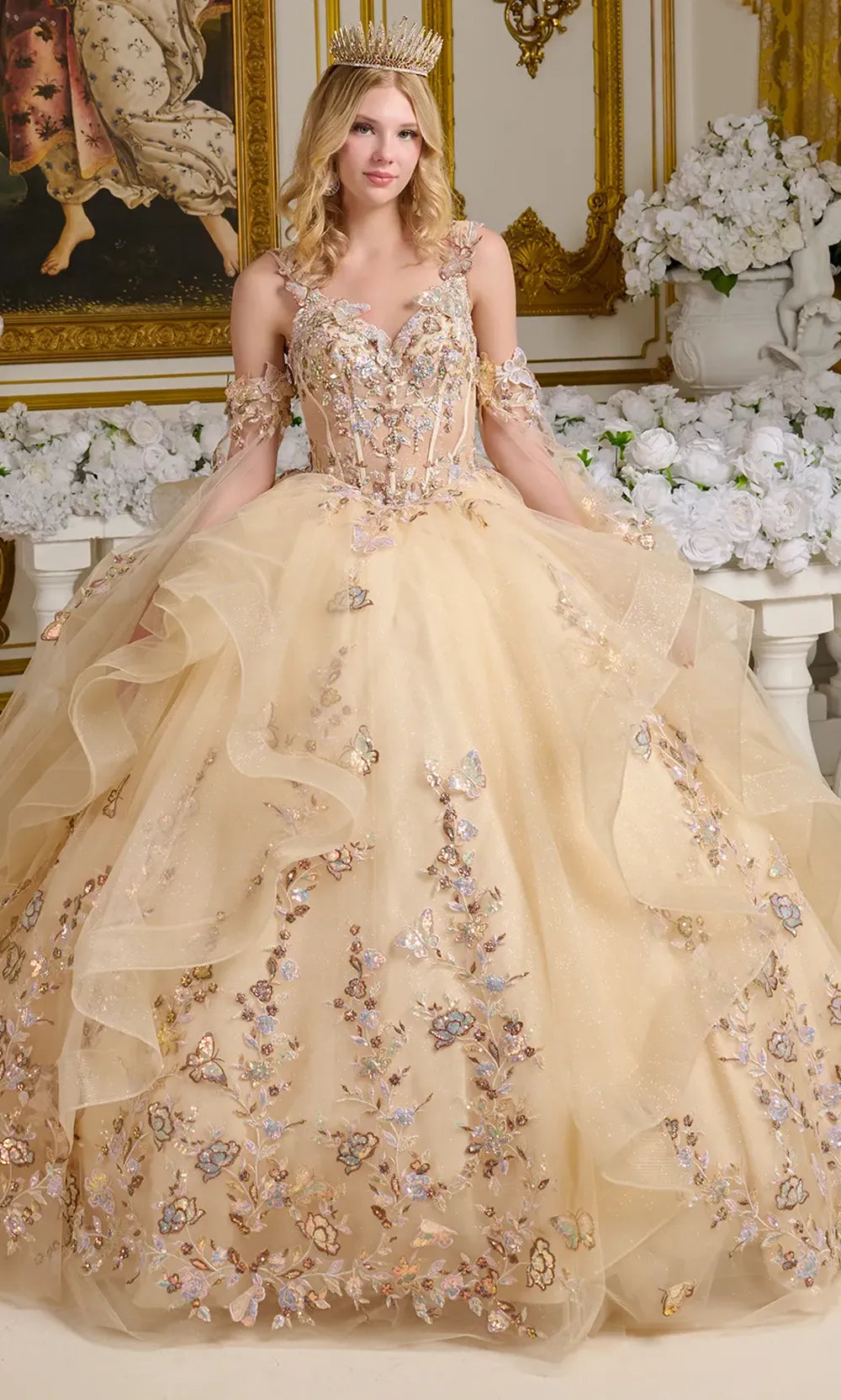 Elizabeth K GL3648 - Long Tulle Ballgown Dress - 3D Butterfly Appliques, Embroidery, Beaded, Sequin, Sheer Cape Sleeves, Ruffle Skirt, Horsehair Edge, Elizabeth K GL3648 - Long Tulle Ballgown Dress - 3D Butterfly Appliques, Embroidery, Beaded, Sequin, Sheer Cape Sleeves, Ruffle Skirt, Horsehair Edge,