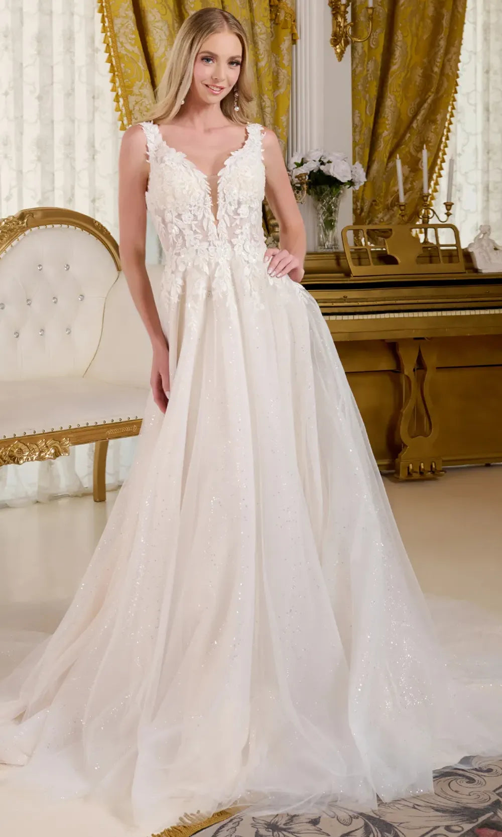wedding dress mesh back Floral Embroidery Mesh A-line Wedding Gown Long Side Drapes GLGL3428