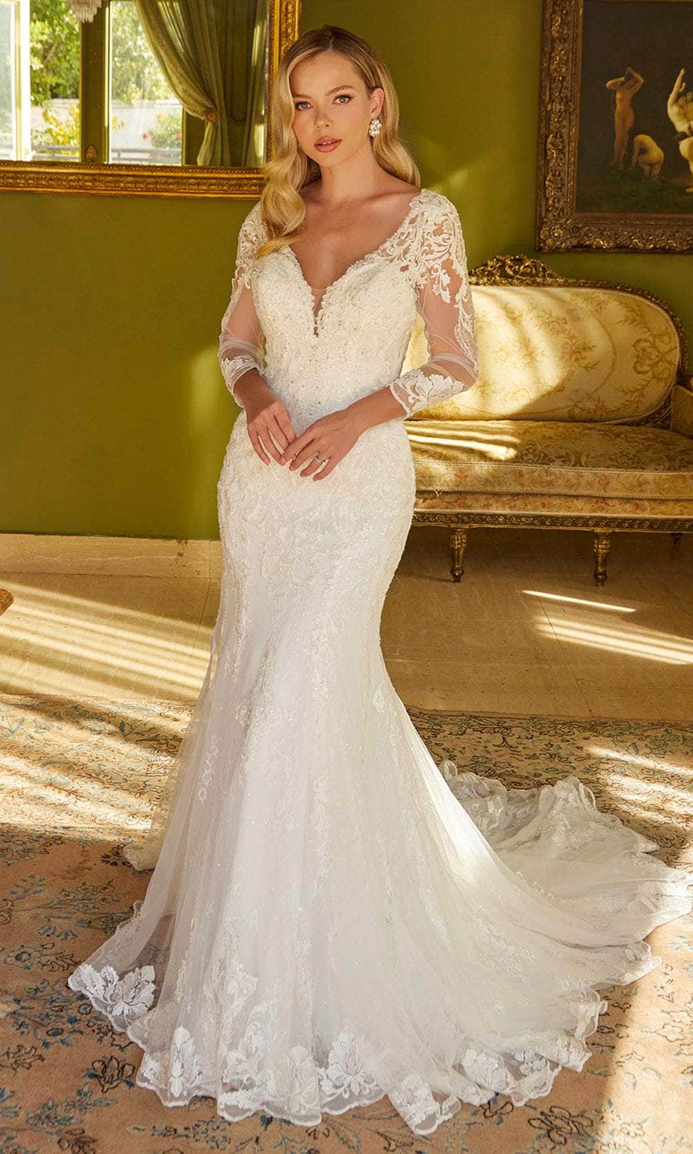 GLS by Gloria Bridal GL3535 - Long Mesh Trumpet Dress - Button Closure, U-Back, 3/4 Sleeve, Beads, Embroidery, Sequin, Train 3XL / Off White GLS by Gloria Bridal GL3535 - Long Mesh Trumpet Dress - Button Closure, U-Back, 3/4 Sleeve, Beads, Embroidery, Sequin, Train 3XL / Off White