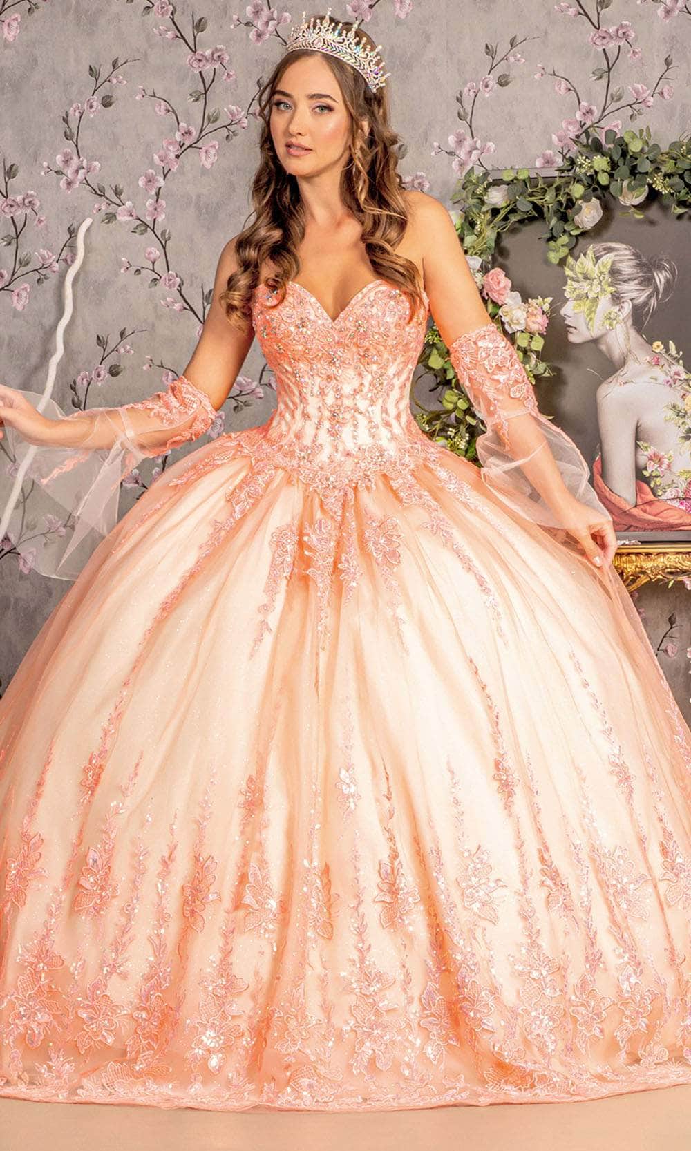 Applique Strapless Bell Sleeve Ball Gown by GLS Gloria GL3235 XL / Orange/Champagne Applique Strapless Bell Sleeve Ball Gown by GLS Gloria GL3235 XL / Orange/Champagne