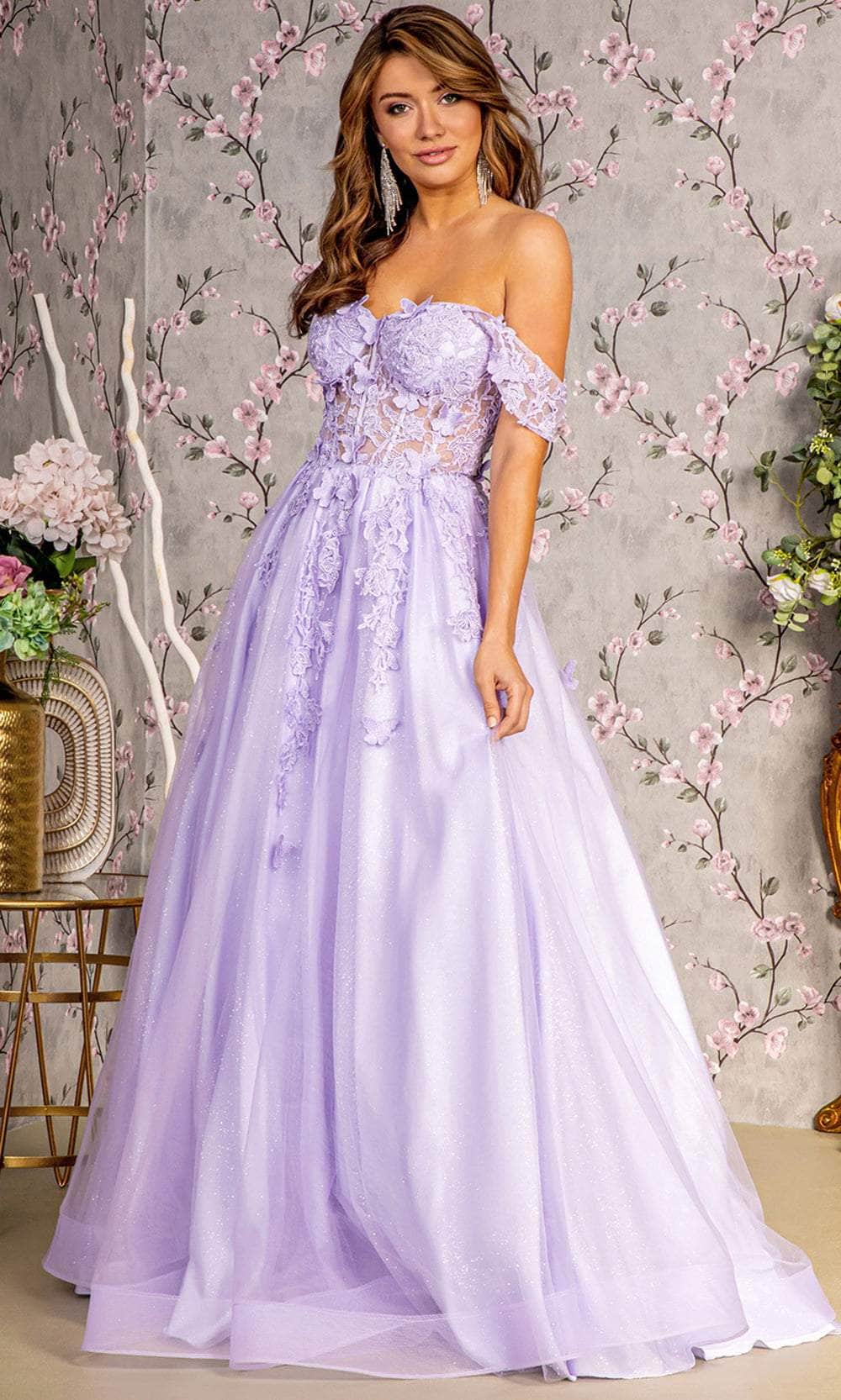 3D Butterfly Off Shoulder Corset Gown by GLS Gloria GL3296 Lilac / XL 3D Butterfly Off Shoulder Corset Gown by GLS Gloria GL3296 Lilac / XL