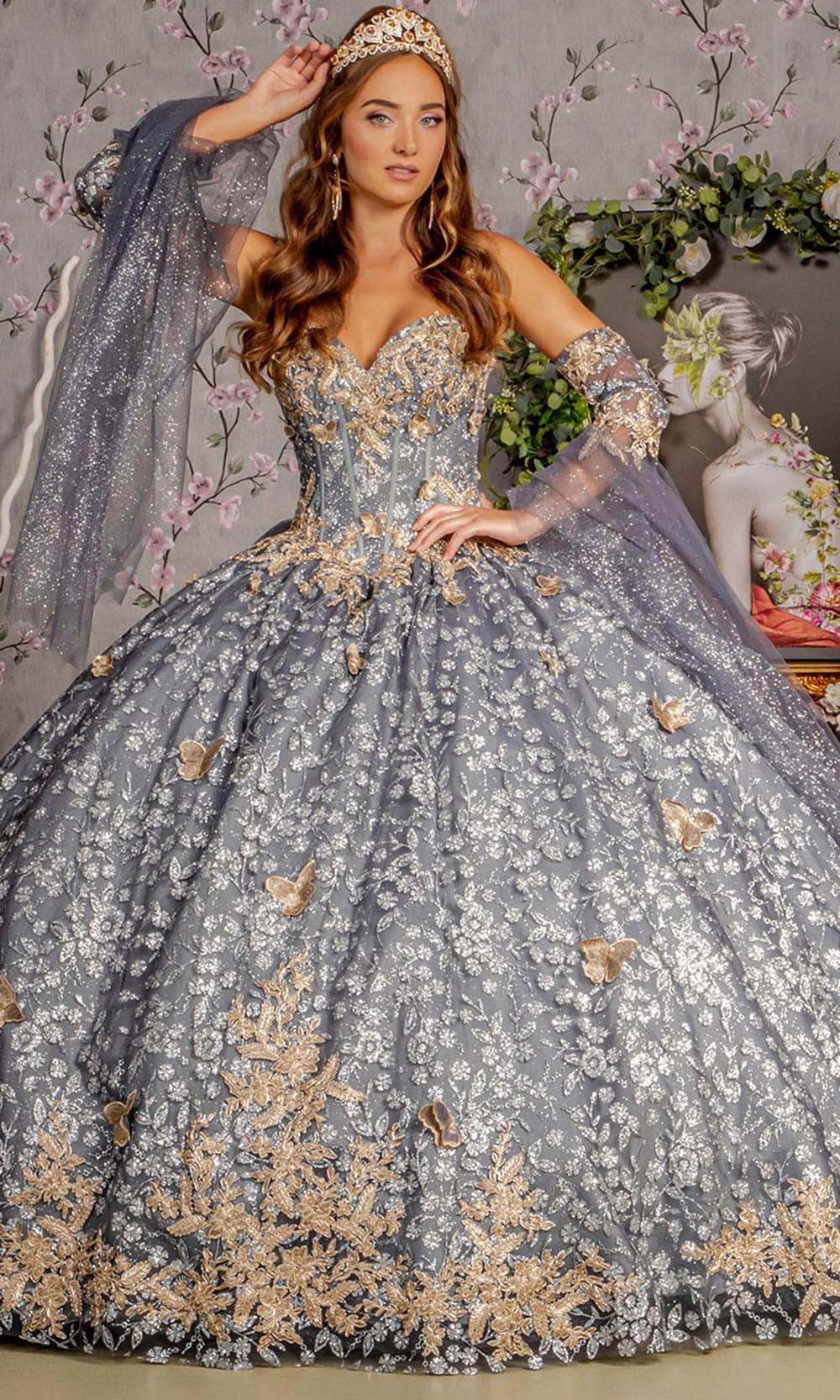 3D Butterfly Bell Sleeve Ball Gown by GLS Gloria GL3318 XL / Gray 3D Butterfly Bell Sleeve Ball Gown by GLS Gloria GL3318 XL / Gray