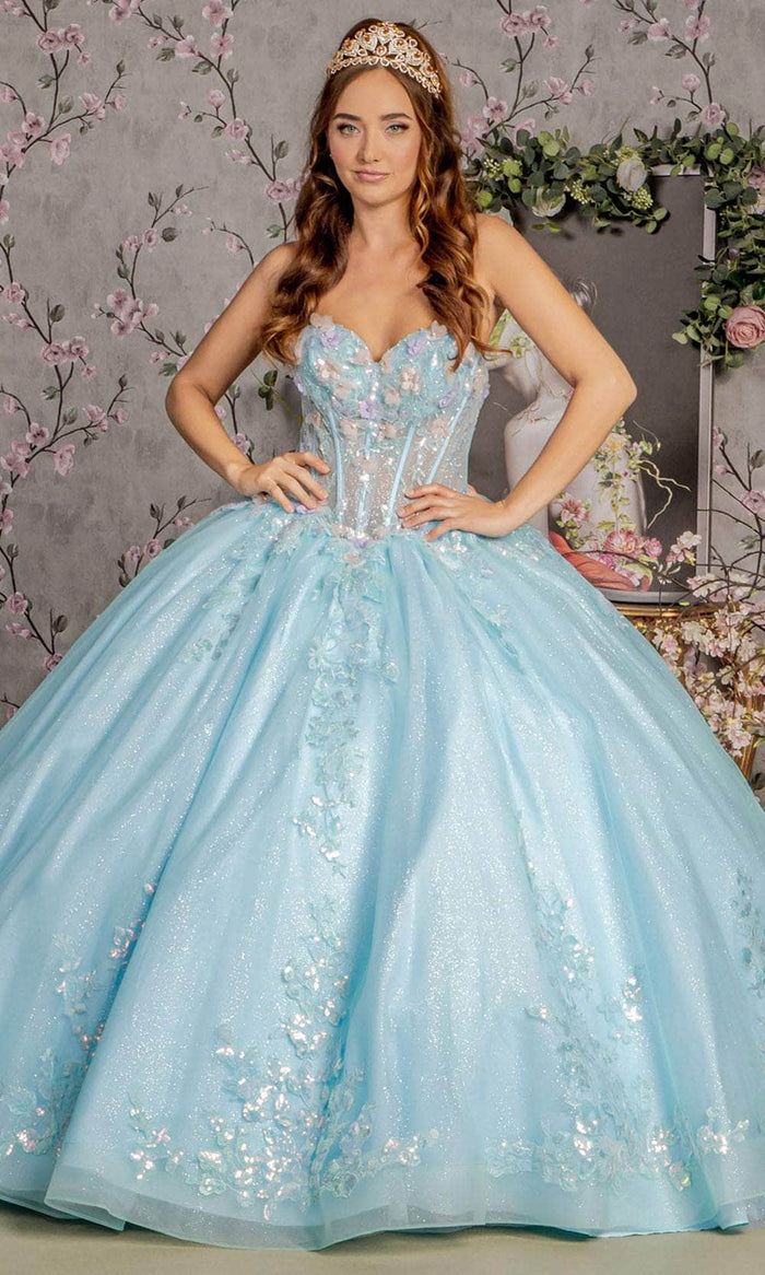 GLS by Gloria GL3332 - Strapless 3D Floral Embellished Ballgown Ball Gowns XS / Tiffany Blue
