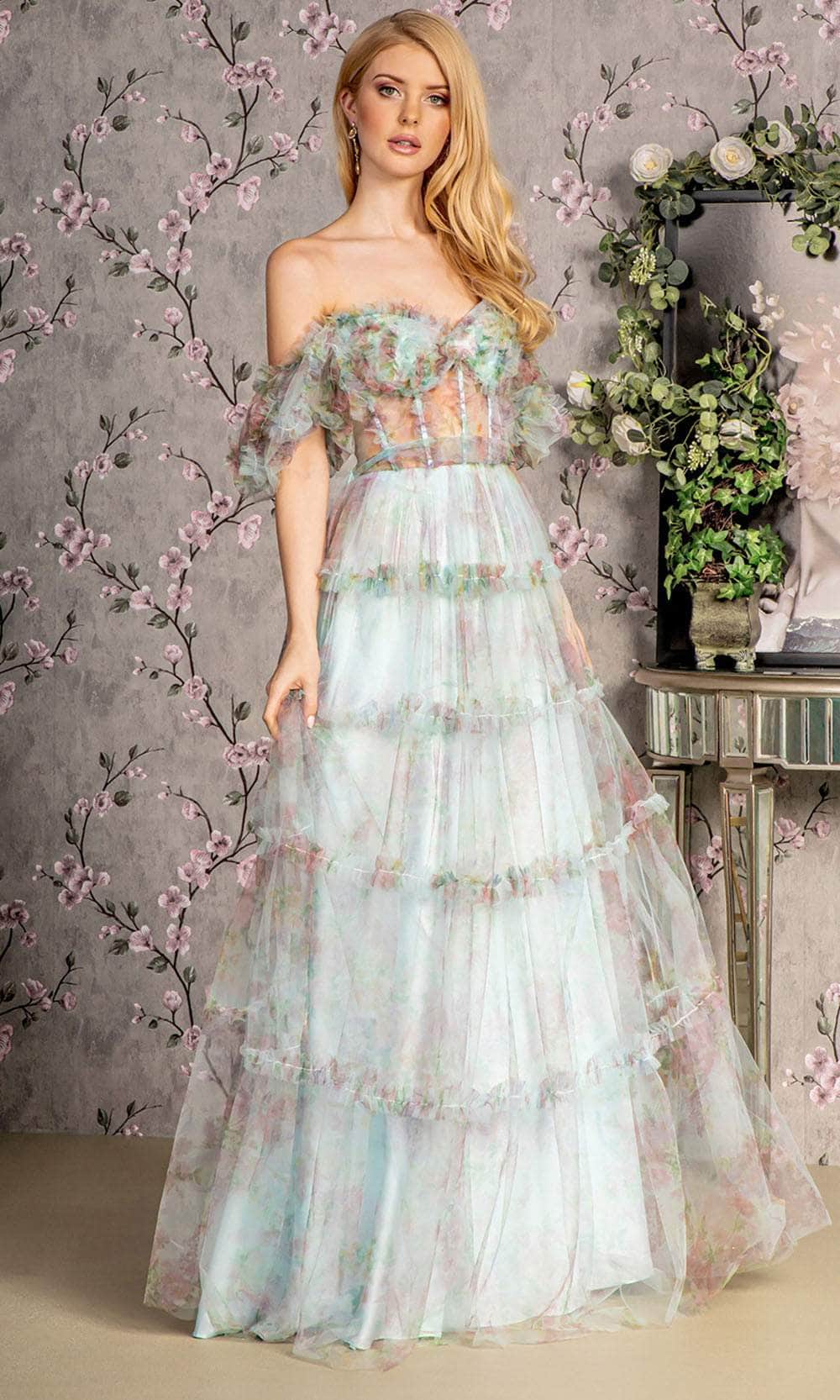 xs prom dress Strapless A-line Tiered Ruffled Gown by Juliet JT2452K Ice Blue / XS