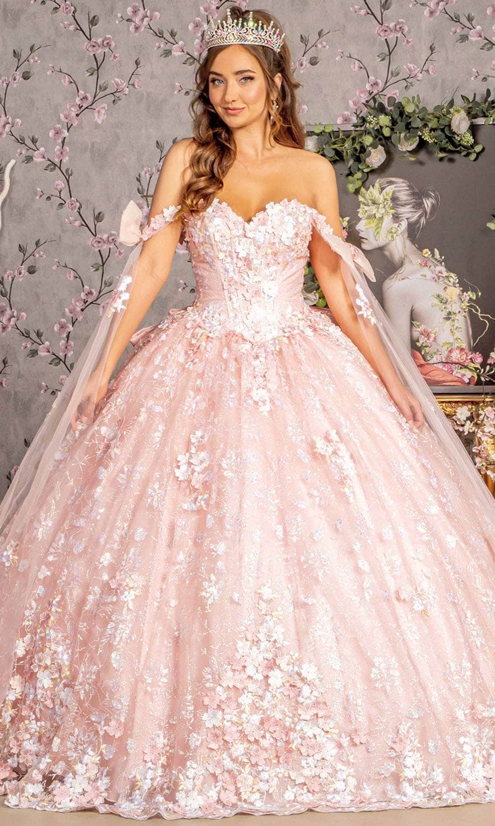 Floral Off Shoulder Cape Sleeve Ball Gown by GLS Gloria GL3465 Blush / M Floral Off Shoulder Cape Sleeve Ball Gown by GLS Gloria GL3465 Blush / M