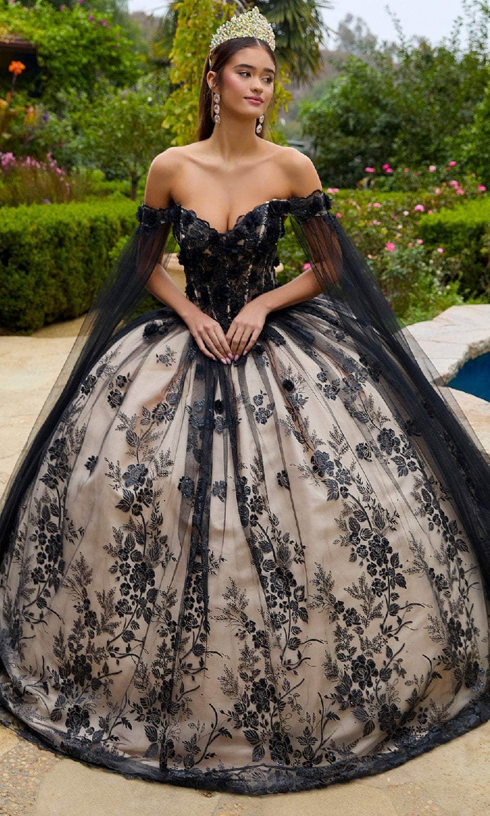 GLS by Gloria GL3500 - Long Mesh Ballgown Dress - Covered, Corset, Cut-Away Shoulder, Applique, Sequin, Glitter, Floor Length, Court Train XL / Black/ GLS by Gloria GL3500 - Long Mesh Ballgown Dress - Covered, Corset, Cut-Away Shoulder, Applique, Sequin, Glitter, Floor Length, Court Train XL / Black/