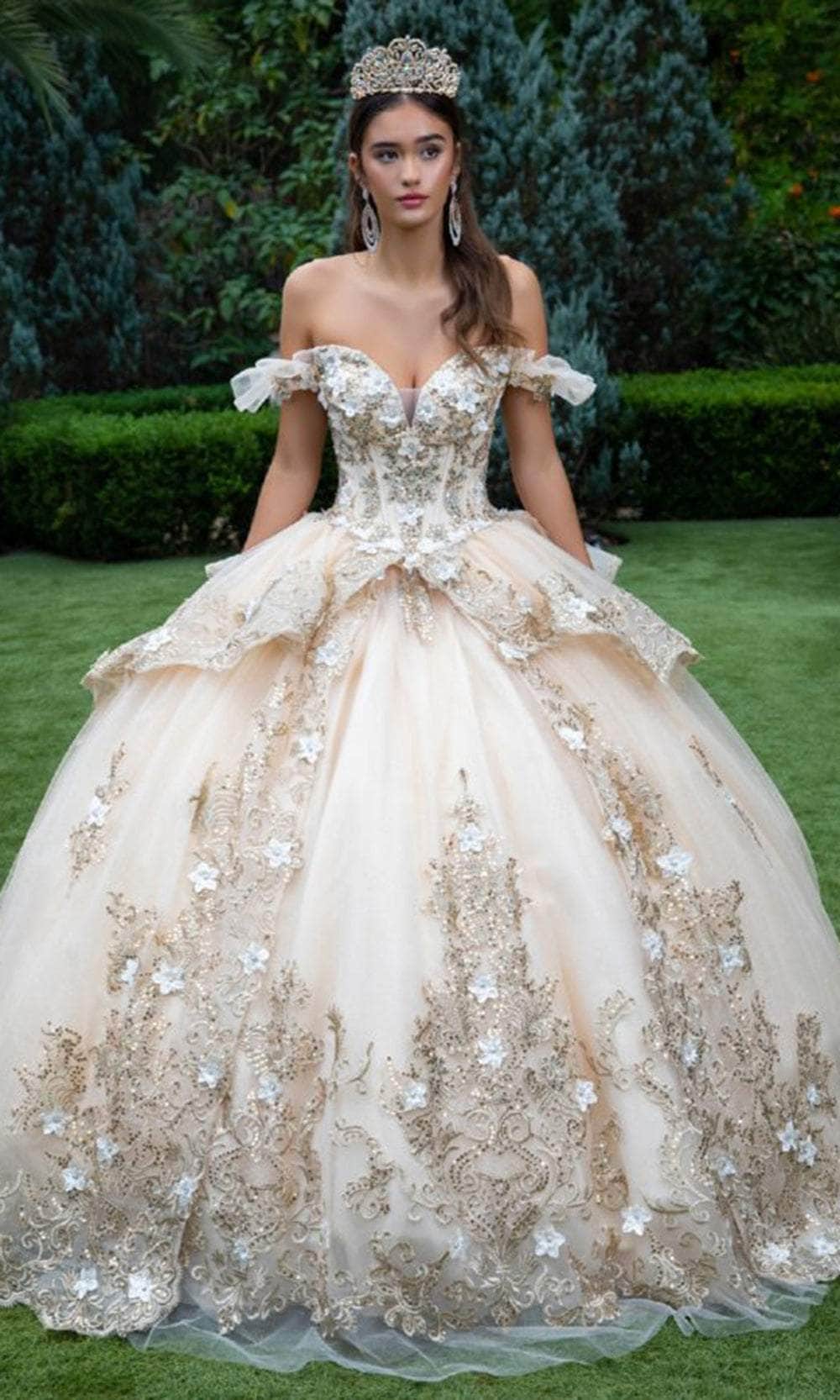 Embroidered Off Shoulder Ball Gown by GLS Gloria GL3528 Champagne / L Embroidered Off Shoulder Ball Gown by GLS Gloria GL3528 Champagne / L