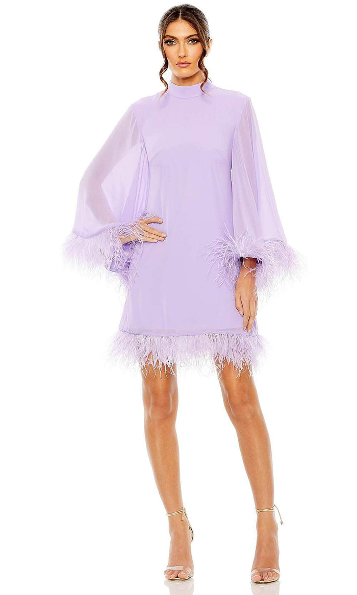 Ieena Duggal 11439 - Feather Detailed Cape Sleeve Cocktail Dress Holiday Dresses 0 / Lilac