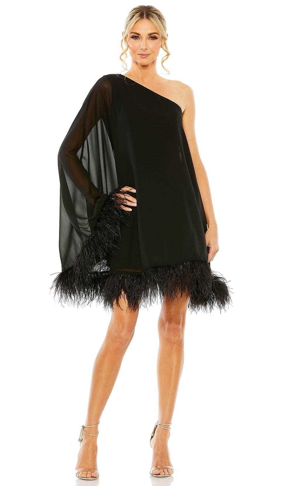 Mac Duggal - Black One Shoulder Trapeze Dress with Feather Trim - US 2 Mac Duggal - Black One Shoulder Trapeze Dress with Feather Trim - US 2