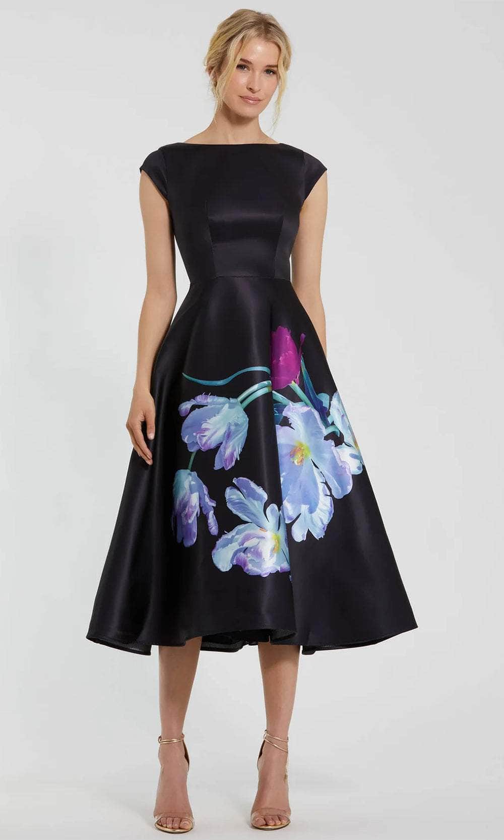 Mac Duggal Women's Satin Cap Sleeve Midi Dress With Floral Print - Black - Size 16 - Black Multi Mac Duggal Women's Satin Cap Sleeve Midi Dress With Floral Print - Black - Size 16 - Black Multi