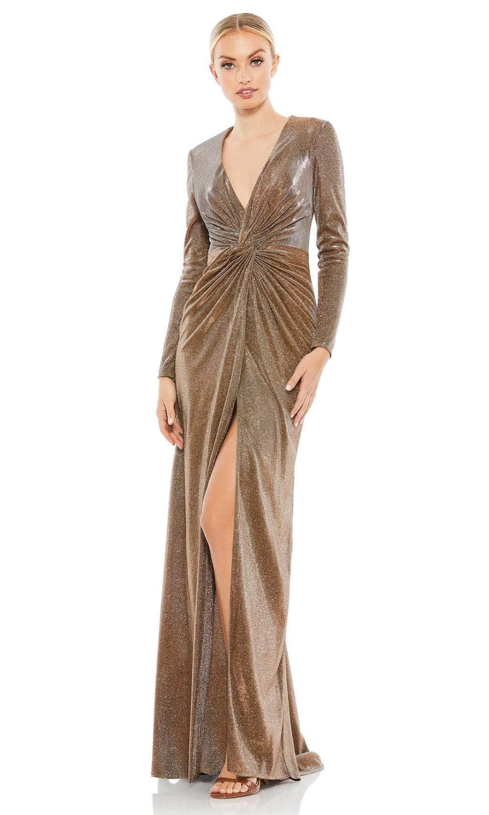 Ieena for Mac Duggal - Brown Front Twist V Neck Long Sleeve Gown - Bronze / US 4 Ieena for Mac Duggal - Brown Front Twist V Neck Long Sleeve Gown - Bronze / US 4