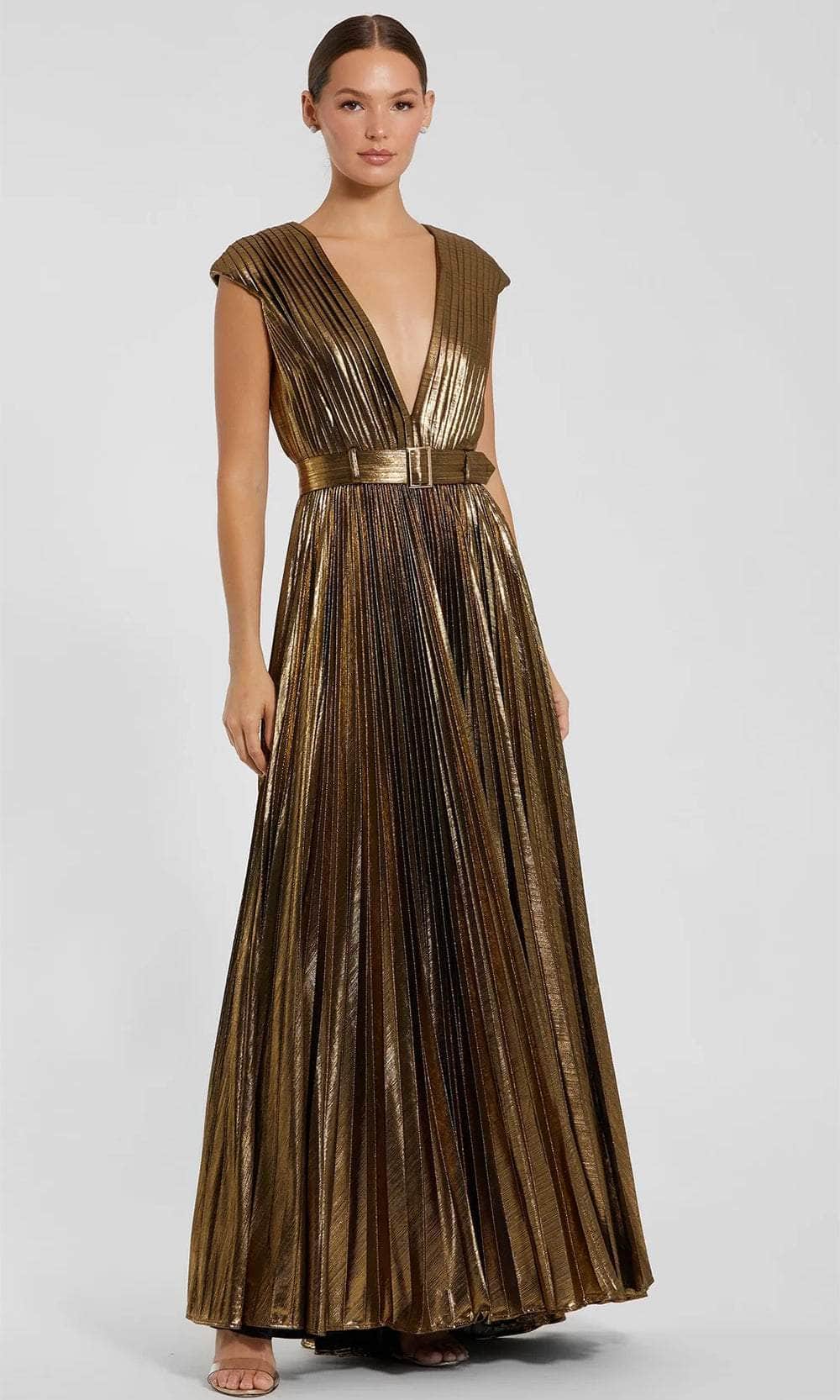 Ieena Duggal 27215 - Long Metallic Jersey fabric (100% polyester) A-Line Dress - Cap Sleeve, Pleated Bodice, Belted Waist, Full Back, Concealed Back Zipper Couture Candy Ieena Duggal 27215 - Long Metallic Jersey fabric (100% polyester) A-Line Dress - Cap Sleeve, Pleated Bodice, Belted Waist, Full Back, Concealed Back Zipper Couture Candy