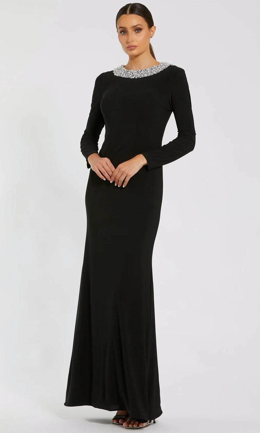 Ieena for Mac Duggal - Black Jersey Long Sleeve Fitted Gown With Beaded Neck - Black / XS Ieena for Mac Duggal - Black Jersey Long Sleeve Fitted Gown With Beaded Neck - Black / XS