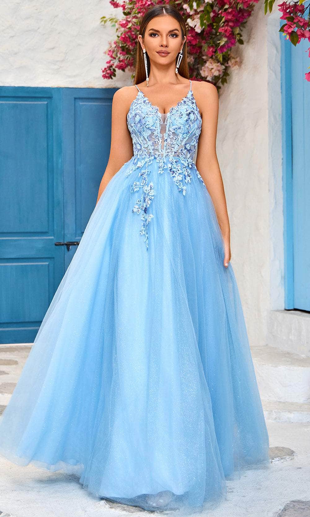 J'Adore Dresses J25018 - Embroidered Corset V-Neck Evening Dress 12 / Blue - Shop J'Adore Dresses Dresses on Couture Candy at CoutureCandy.com J'Adore Dresses J25018 - Embroidered Corset V-Neck Evening Dress 12 / Blue - Shop J'Adore Dresses Dresses on Couture Candy at CoutureCandy.com