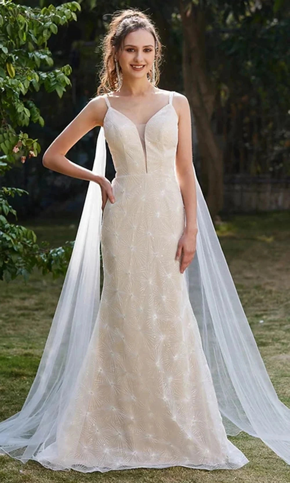 J'Adore Dresses JA3003 - Long Trumpet Dress - Spaghetti Straps, Sheer Long Cape, V-Back, Train, Beaded Lace Couture Candy J'Adore Dresses JA3003 - Long Trumpet Dress - Spaghetti Straps, Sheer Long Cape, V-Back, Train, Beaded Lace Couture Candy