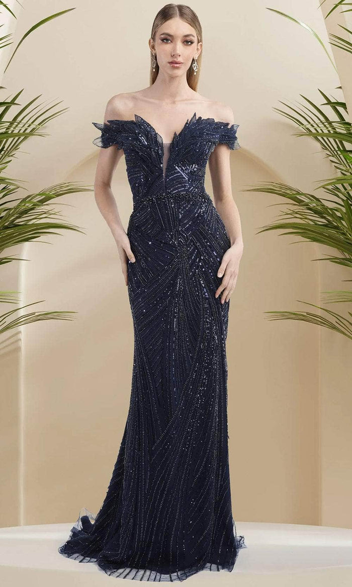 Janique 16160 - Beaded Illusion Neckline Gown Prom Dresses 2 / Navy