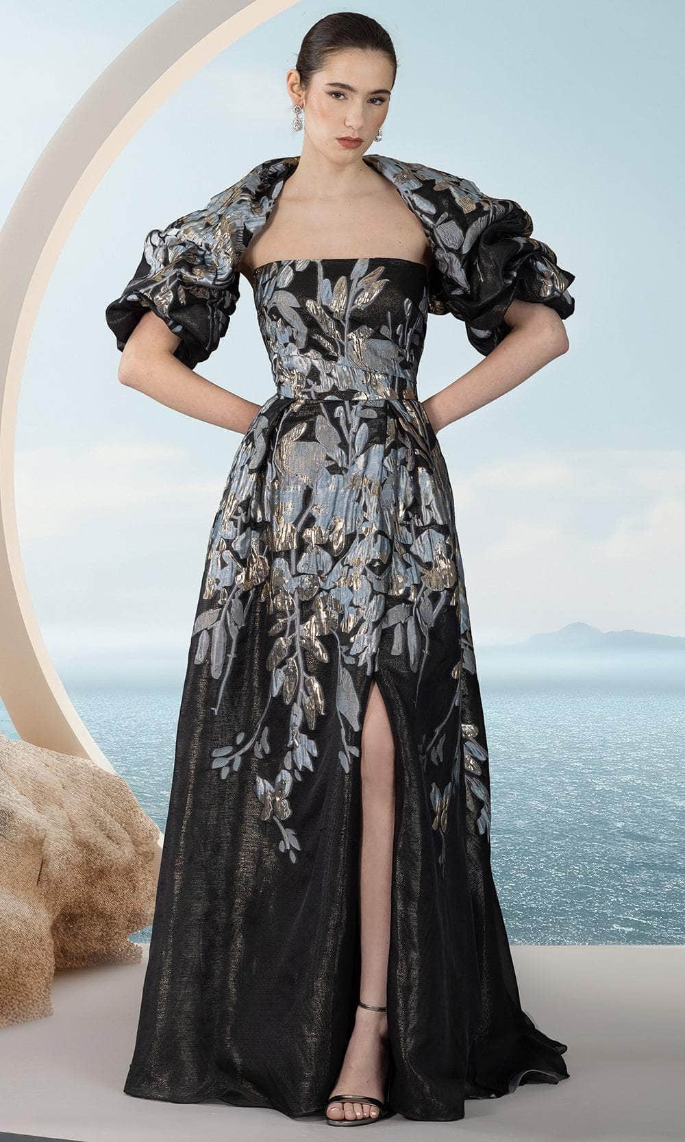 evening dress bolero MNM Couture N0569 - Oversized Bolero Evening Gown 6 / Black/Silver