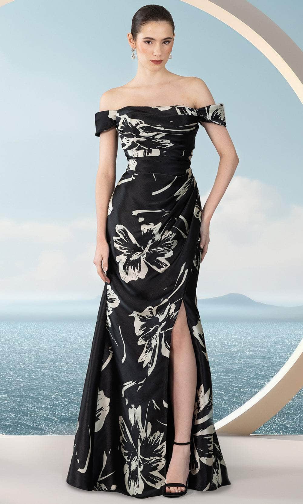 Janique 2512 - Long Trumpet Dress - Ruched Bodice Floral Print, High Slit, Midrise Back, Floor Length Hem 8 / Black - Shop Janique dresses on Couture Janique 2512 - Long Trumpet Dress - Ruched Bodice Floral Print, High Slit, Midrise Back, Floor Length Hem 8 / Black - Shop Janique dresses on Couture
