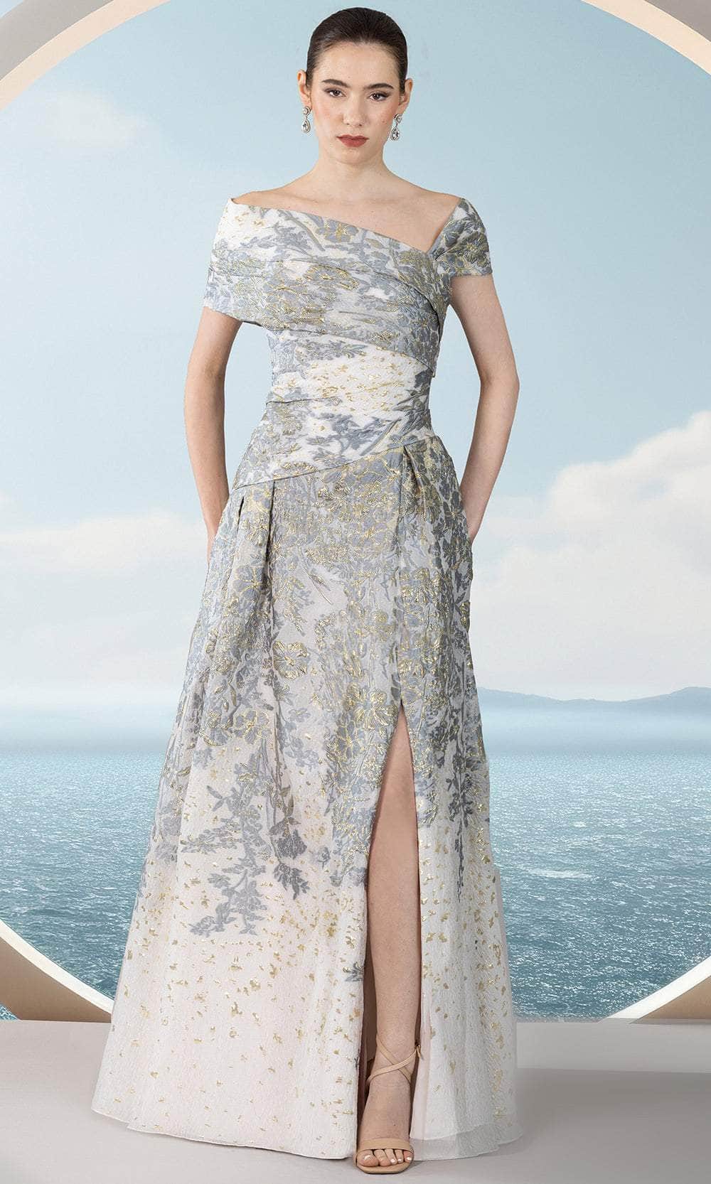 pewter evening dress Pewter Three Quarter Sleeve Off the Shoulder Dress 23136