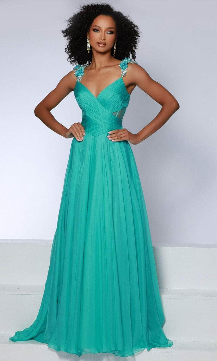 Johnathan Kayne 2903 - Shirred V-Neck Evening Dress Prom Dresses 00 / Aqua