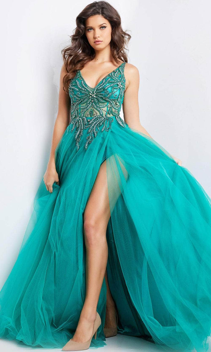 Jovani 23962 - Beaded Illusion Ballgown Special Occasion Dress 00 / Emerald