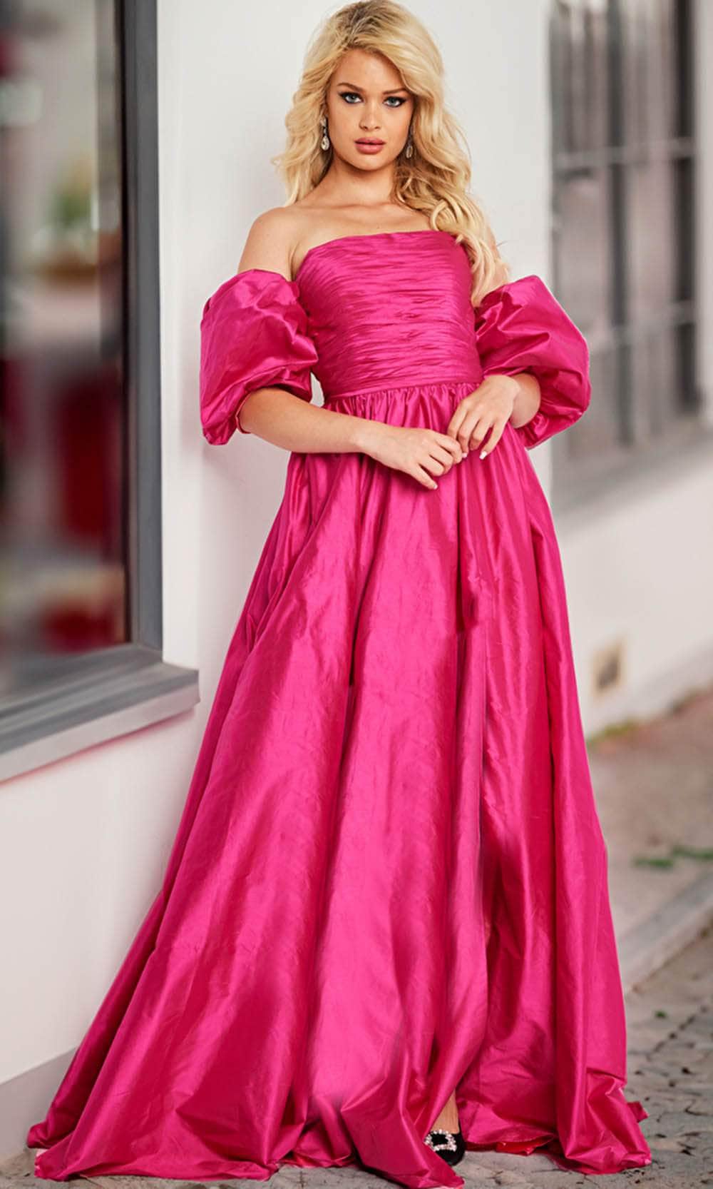 Jovani 24099 - Taffeta Puff Sleeve A-line Gown Couture Candy Jovani 24099 - Taffeta Puff Sleeve A-line Gown Couture Candy