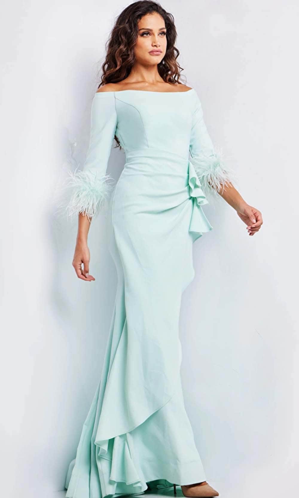 green feather sleeve dress Long Sleeve Glitter Prom Dress with Feathers -PromGirl Emerald / 10