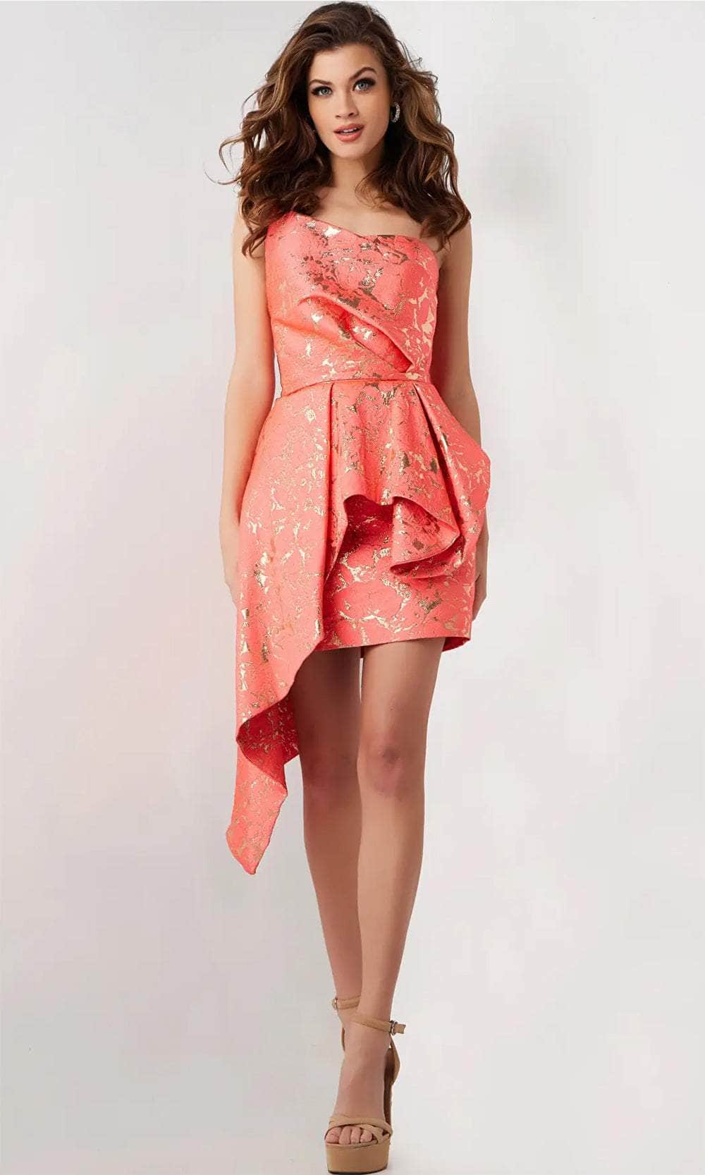 Jovani 25668 - Asymmetric Hi-Low Peplum Cocktail Dress 4 / Coral/Gold - Shop Jovani Dresses On Couture Candy at CoutureCandy.com Jovani 25668 - Asymmetric Hi-Low Peplum Cocktail Dress 4 / Coral/Gold - Shop Jovani Dresses On Couture Candy at CoutureCandy.com
