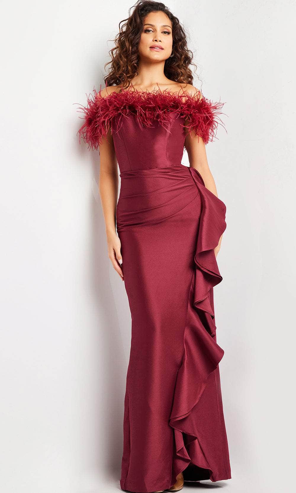 Jovani 25786 - Long Sheath Dress - Feather Trims, Ruffled Accents, Midrise Back, Concealed Zipper Closure, Floor Length Hem 8 / Indigo - Shop Jovani Jovani 25786 - Long Sheath Dress - Feather Trims, Ruffled Accents, Midrise Back, Concealed Zipper Closure, Floor Length Hem 8 / Indigo - Shop Jovani