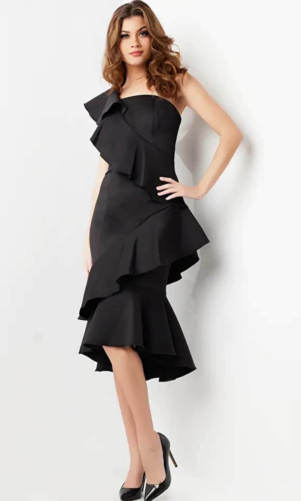 one shoulder ruffle homecoming dress One-Shoulder Short Print Homecoming Dress with Ruffles White/Black / 4