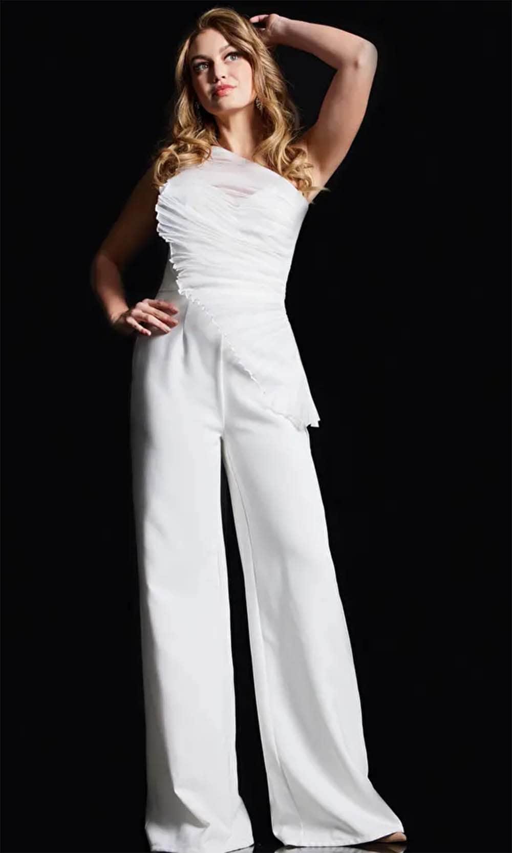 Jovani 26171 - Ruched Detailed One-Shoulder Jumpsuit 2 / Bridal White - Shop Jovani Dresses On Couture Candy at CoutureCandy.com Jovani 26171 - Ruched Detailed One-Shoulder Jumpsuit – Couture Candy
