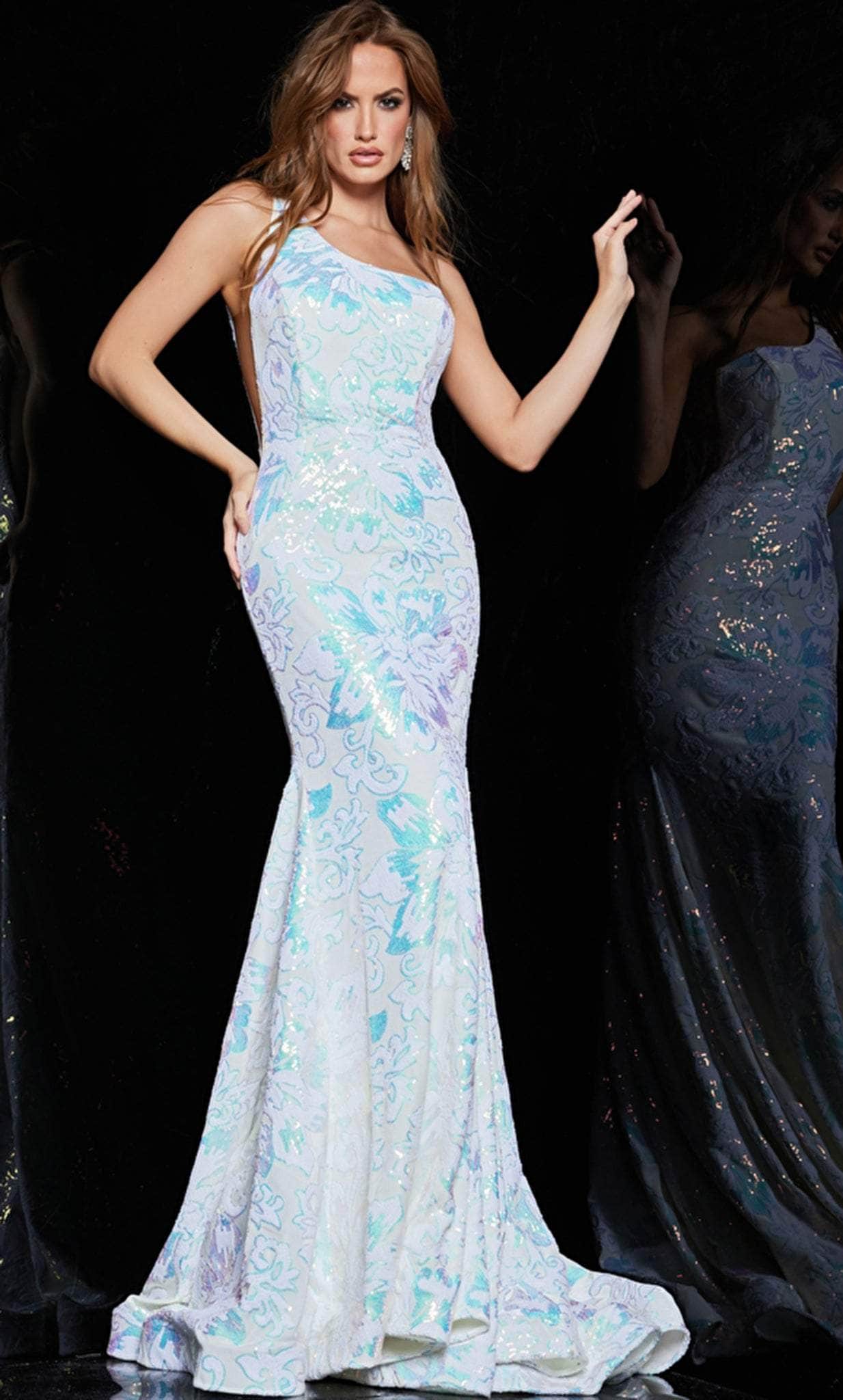 Jovani 32580 - Long Mermaid Dress - Asymmetric, Illusion Side Cutout, Sequined, High Back, Sweep Train 6 / Iridescent/White - Shop Jovani dresses on Jovani 32580 - Long Mermaid Dress - Asymmetric, Illusion Side Cutout, Sequined, High Back, Sweep Train 6 / Iridescent/White - Shop Jovani dresses on