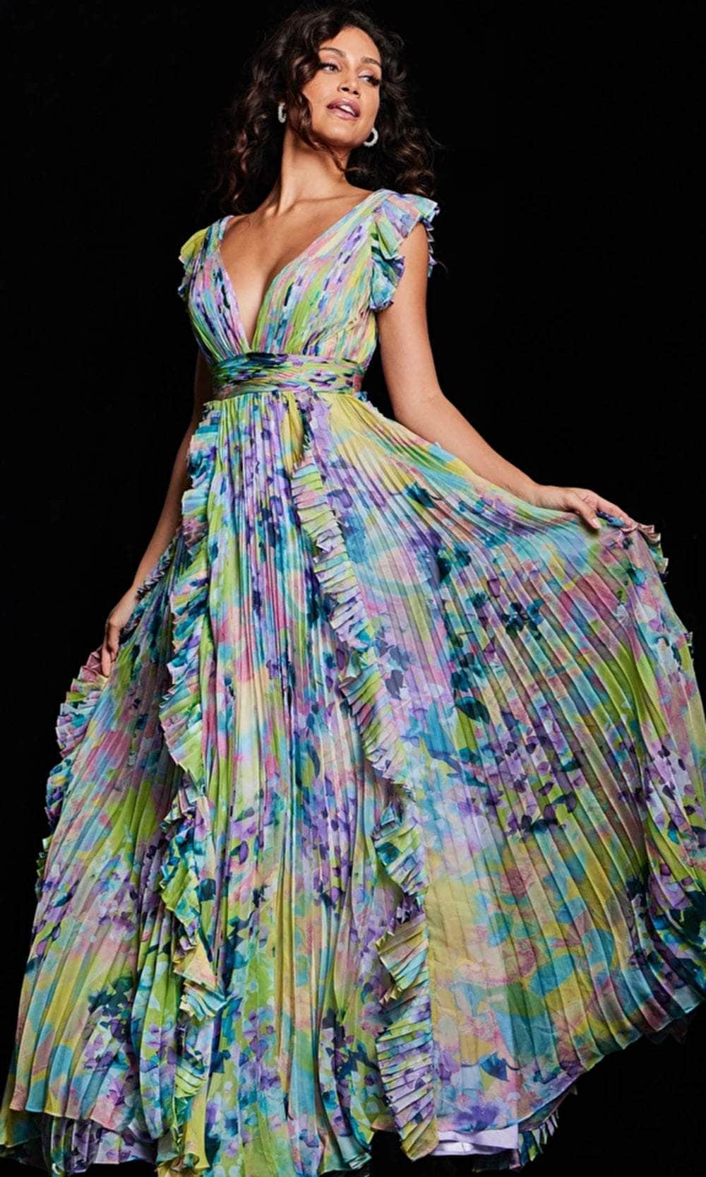 Jovani 34412 Floral Print Flutter Long Dress – Couture Candy