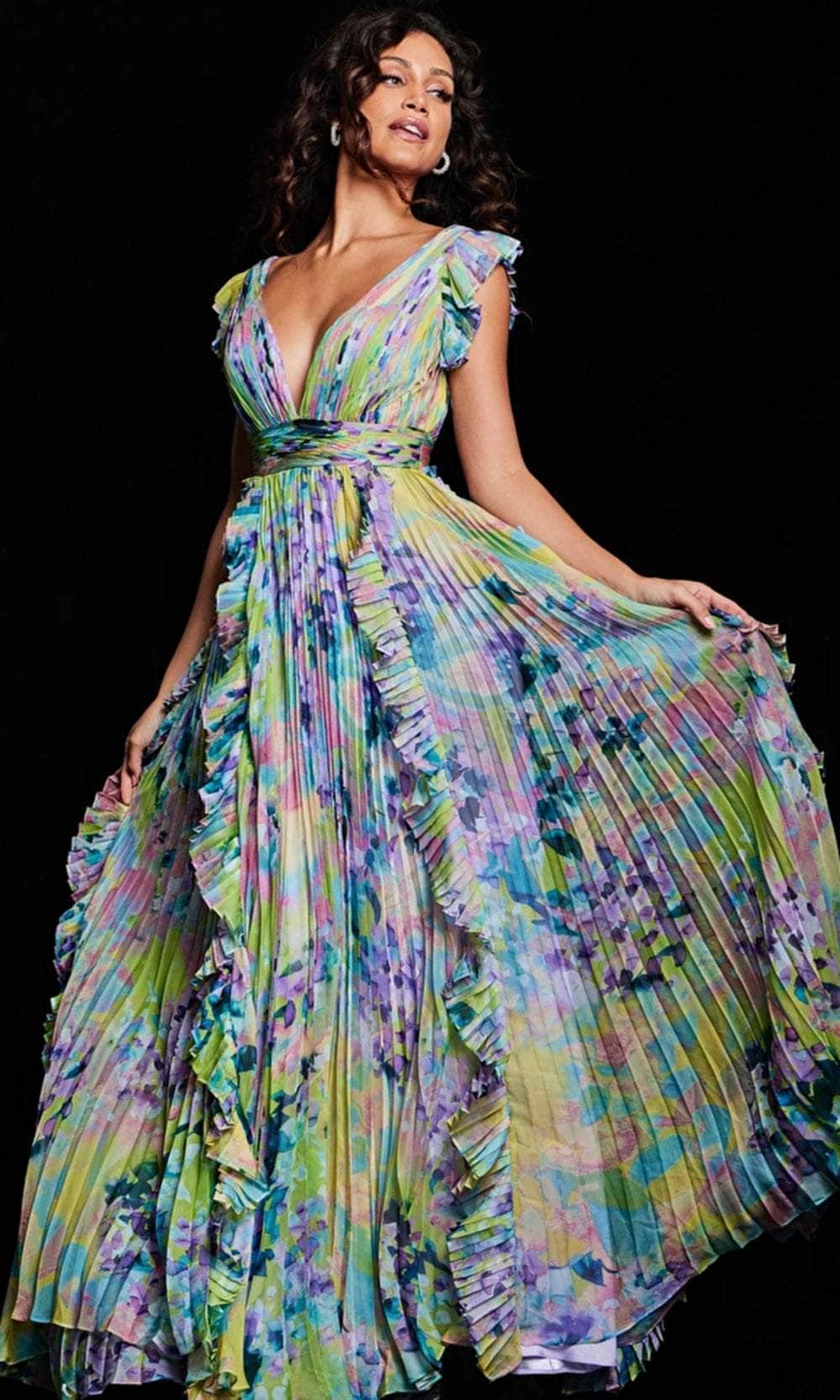 Jovani 34412SC - Flutter Sleeve Floral Evening Dress Jovani 34412SC - Flutter Sleeve Floral Evening Dress