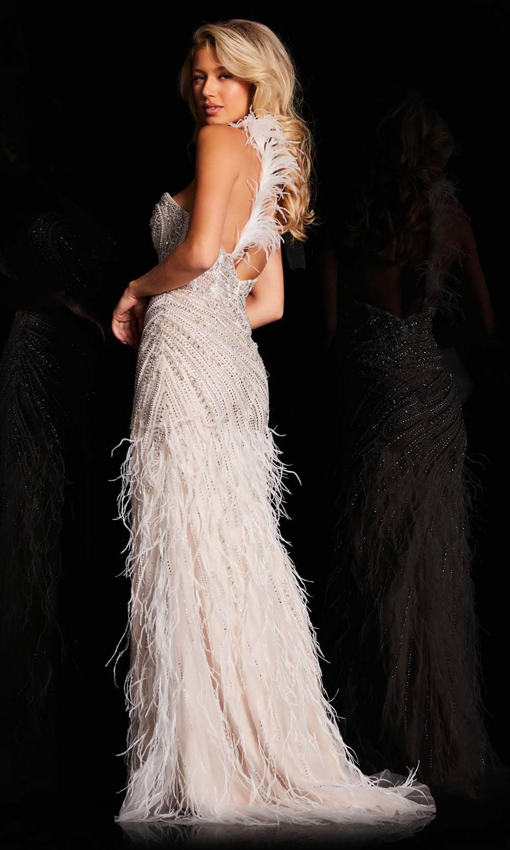 jovani feather prom dress Jovani 32596 Royal One Shoulder Feather Embellished Gown