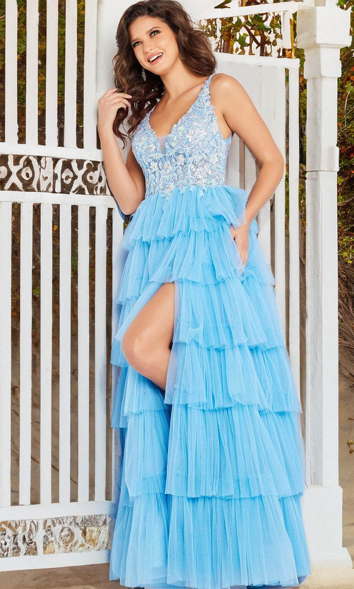Jovani 37632 - Embroidered V-Neck Prom Dress Prom Dresses 00 / Blue