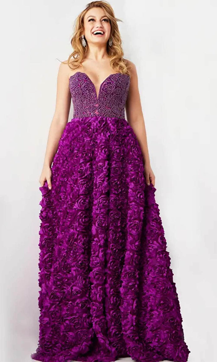 Jovani 38318 - Beaded 3D Floral Embellished Prom Gown Prom Dresses 00 / Purple