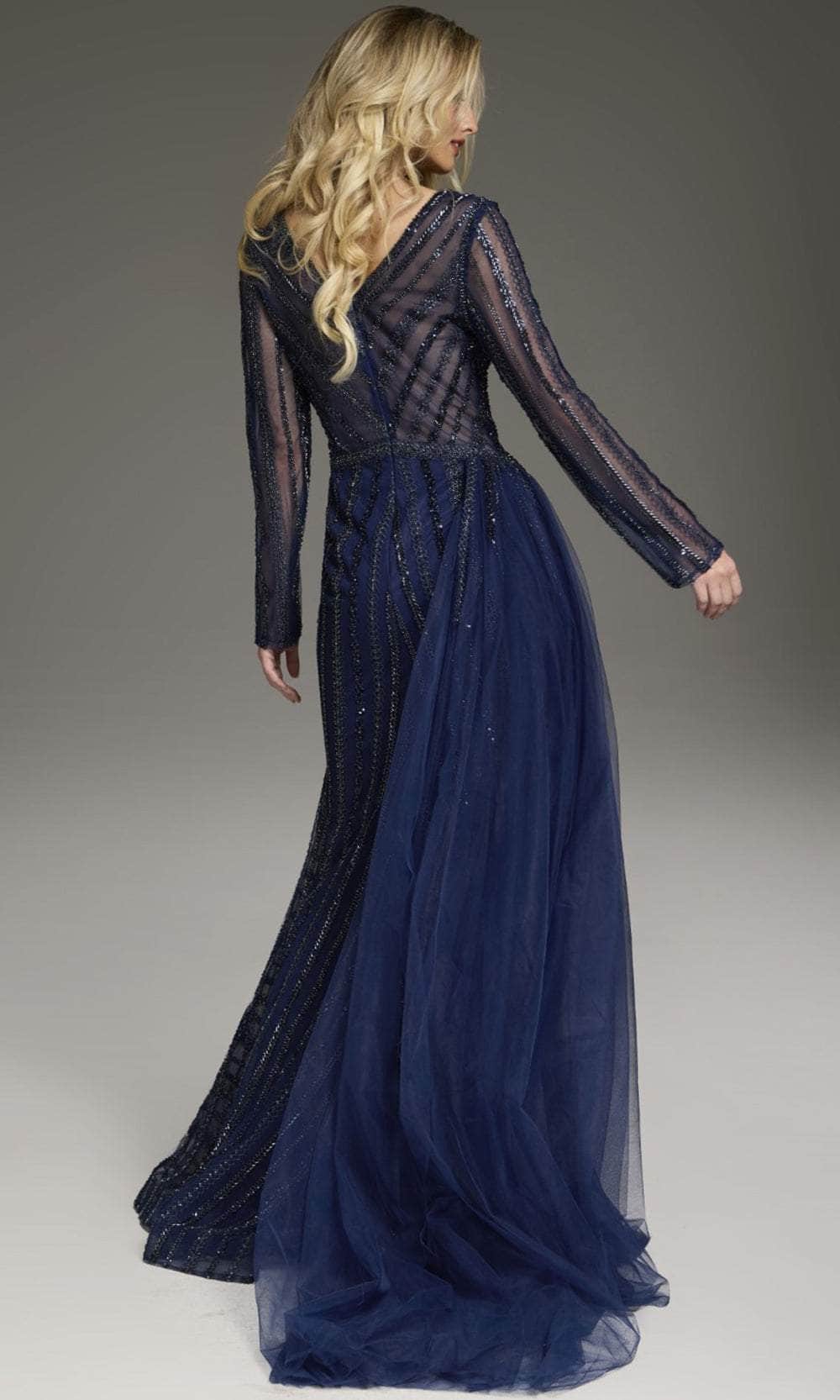 Jovani 38581 - Long Sheath Dress - Long Sleeves, Fitted Bodice, Hot Stone Embellished, High Slit, Lace, Back Zipper Closure, Train 6 / Navy - Shop Jovani 38581 - Long Sheath Dress - Long Sleeves, Fitted Bodice, Hot Stone Embellished, High Slit, Lace, Back Zipper Closure, Train 6 / Navy - Shop