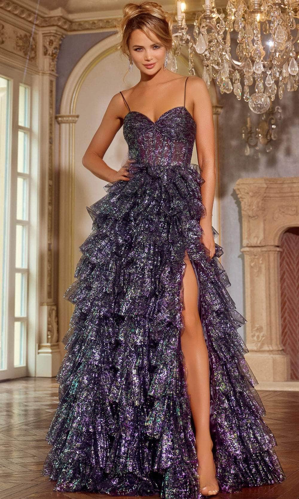 Jovani 39305 - Long A-Line Dress - Spaghetti Straps, Sleeveless, Sheer Corset Bodice, Sequin, Tiered Ruffle Skirt, High Slit, Mid-Open Back, Full Jovani 39305 - Long A-Line Dress - Spaghetti Straps, Sleeveless, Sheer Corset Bodice, Sequin, Tiered Ruffle Skirt, High Slit, Mid-Open Back, Full