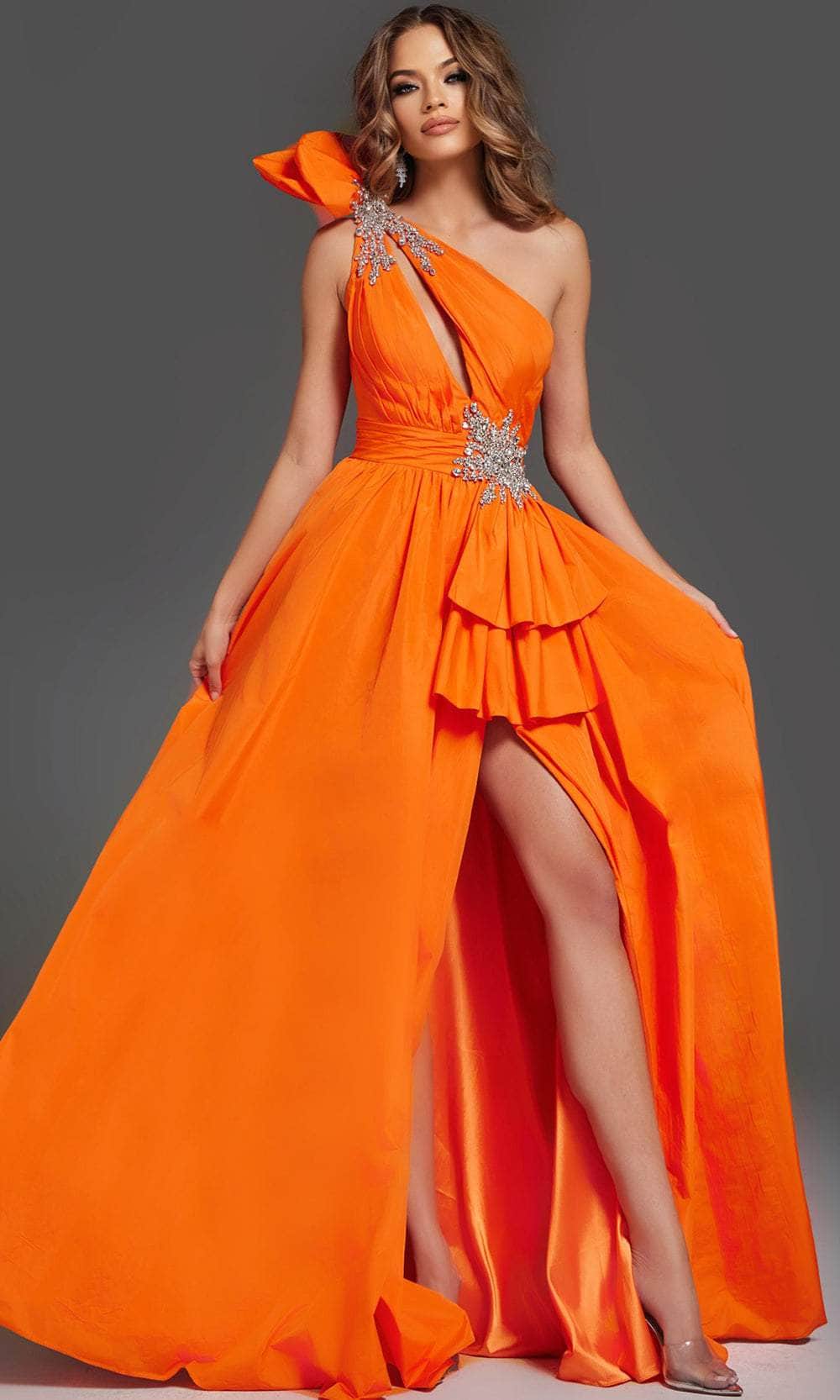 Jovani 40929 - Long A-Line Dress - Sleeveless, Ruffle Accent, Beaded Appliques, Asymmetrical Cutouts, High Slit, Sweep Train Couture Candy Jovani 40929 - Long A-Line Dress - Sleeveless, Ruffle Accent, Beaded Appliques, Asymmetrical Cutouts, High Slit, Sweep Train Couture Candy