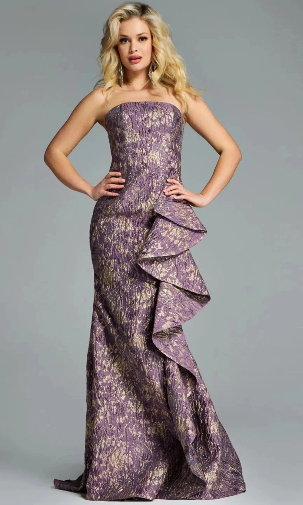 jovani purple strapless dress Elegant Purple Strapless Gown with Shimmering Floral Pattern 40318
