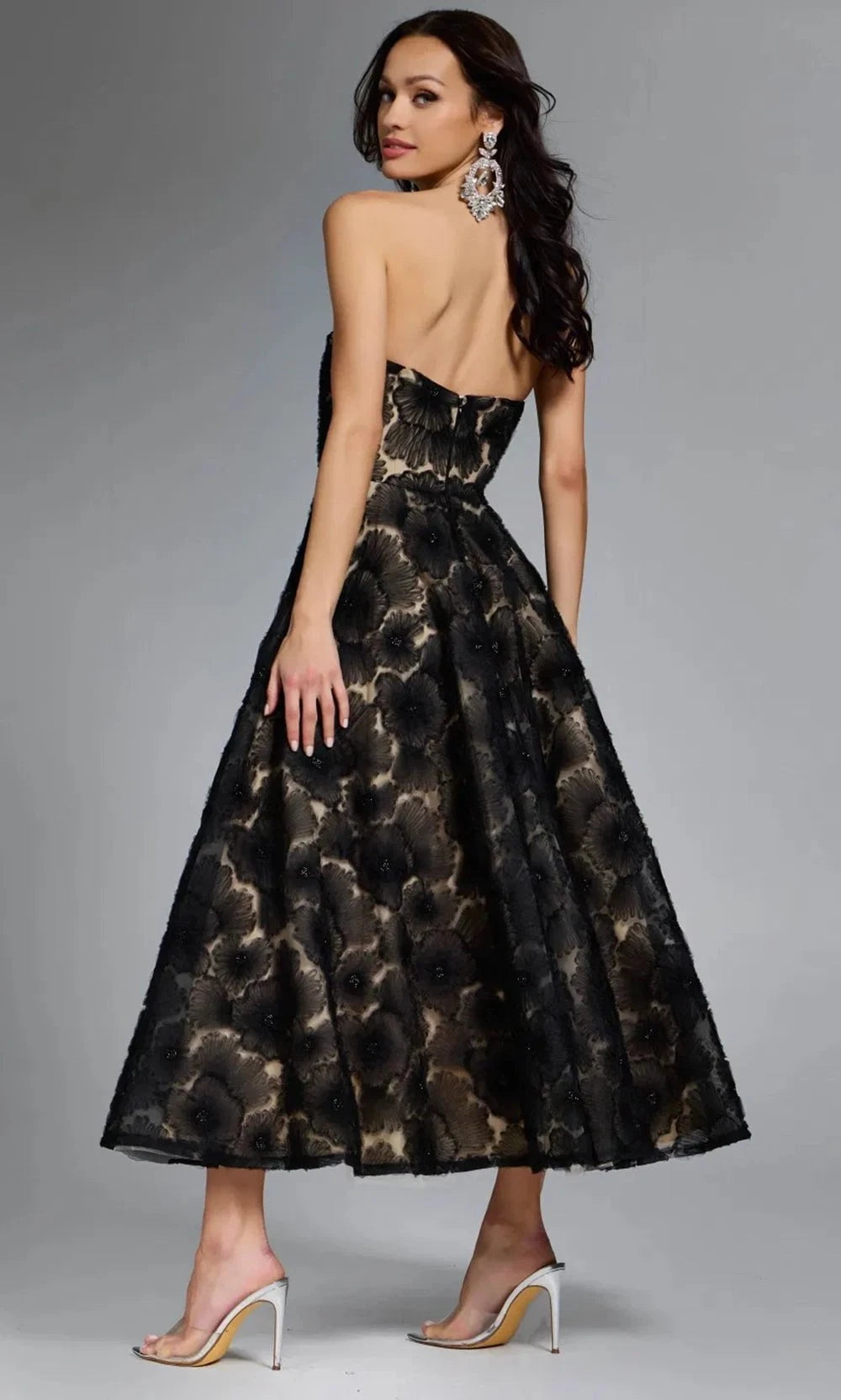 Jovani 41187 - Tea Length Lace A-line Dress - Strapless, 3D Floral Texture, Beaded, Open Back, Fit and Flare 2 / Ivory/Nude - Shop Jovani dresses on Jovani 41187 - Tea Length Lace A-line Dress - Strapless, 3D Floral Texture, Beaded, Open Back, Fit and Flare 2 / Ivory/Nude - Shop Jovani dresses on