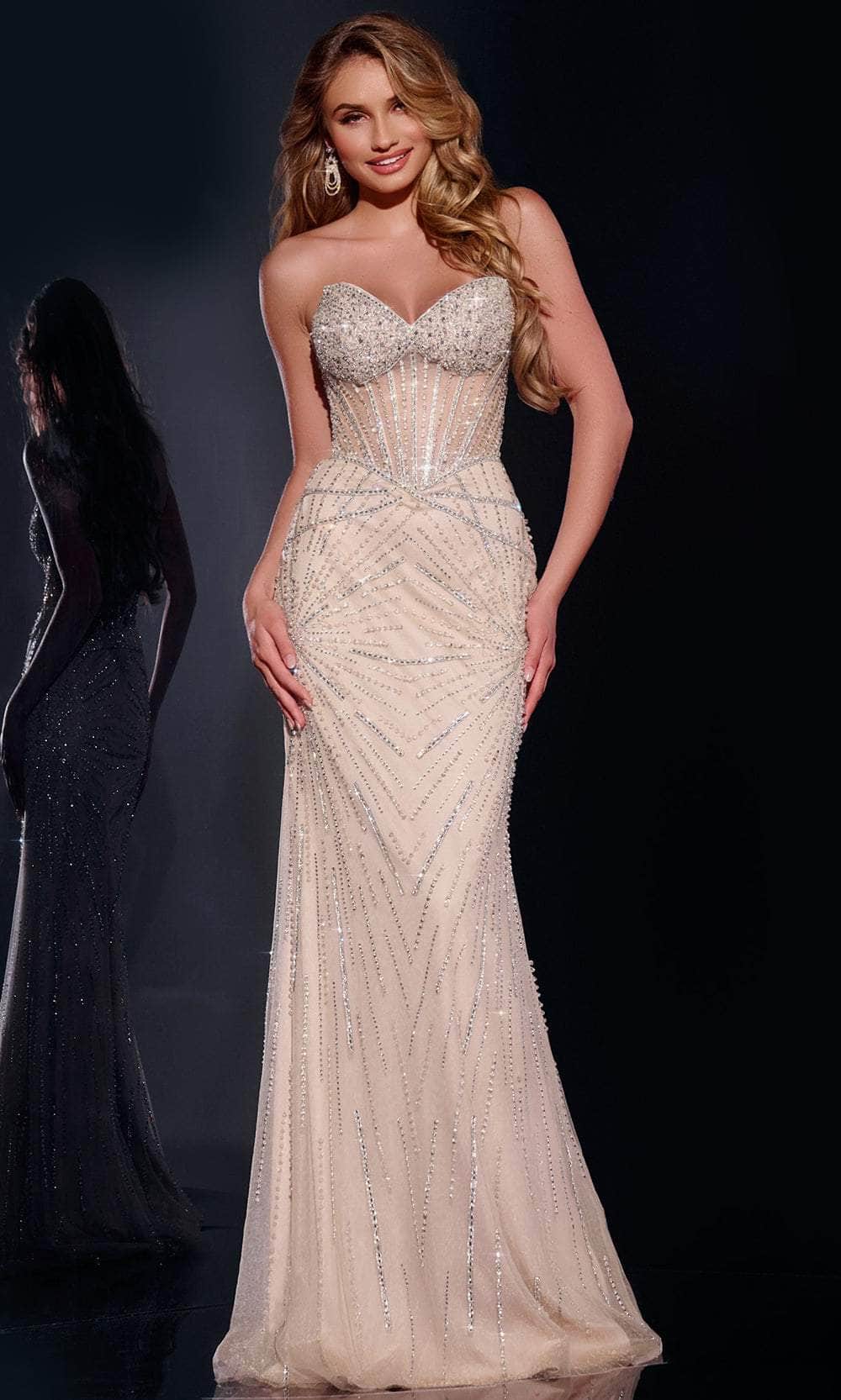 Jovani 42206 - Long Sequin, Sheer Sheath Dress - Strapless, Beaded, Sheer Corset Bodice, Sweep Train 2 / Silver/Nude - Shop Jovani dresses on Couture Jovani 42206 - Long Sequin, Sheer Sheath Dress - Strapless, Beaded, Sheer Corset Bodice, Sweep Train 2 / Silver/Nude - Shop Jovani dresses on Couture