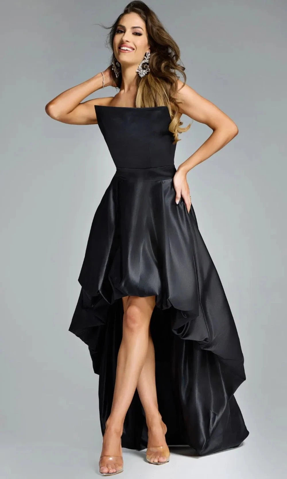 Jovani 42357 - High Low Satin A-line Dress - Strapless, Bubble Hem, Structured Bodice, Sheer Corset Back 00 / Black - Shop Jovani dresses on Couture Jovani 42357 - High Low Satin A-line Dress - Strapless, Bubble Hem, Structured Bodice, Sheer Corset Back 00 / Black - Shop Jovani dresses on Couture