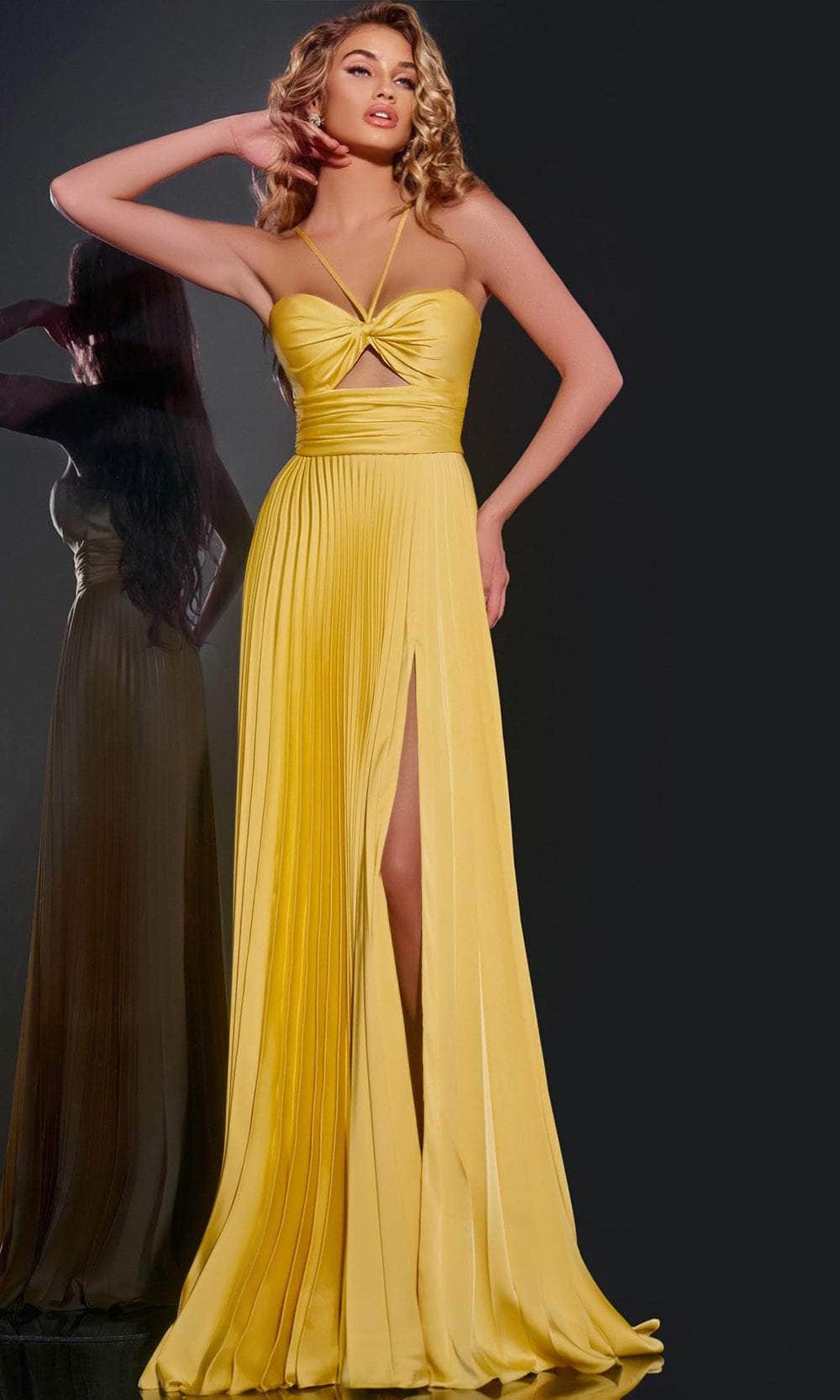 Jovani 42971 - Long Satin A-line Dress - Spaghetti Straps, Pleated, Cutout Accent, Empire Band, High Slit, Sweep Train Couture Candy Jovani 42971 - Long Satin A-line Dress - Spaghetti Straps, Pleated, Cutout Accent, Empire Band, High Slit, Sweep Train Couture Candy
